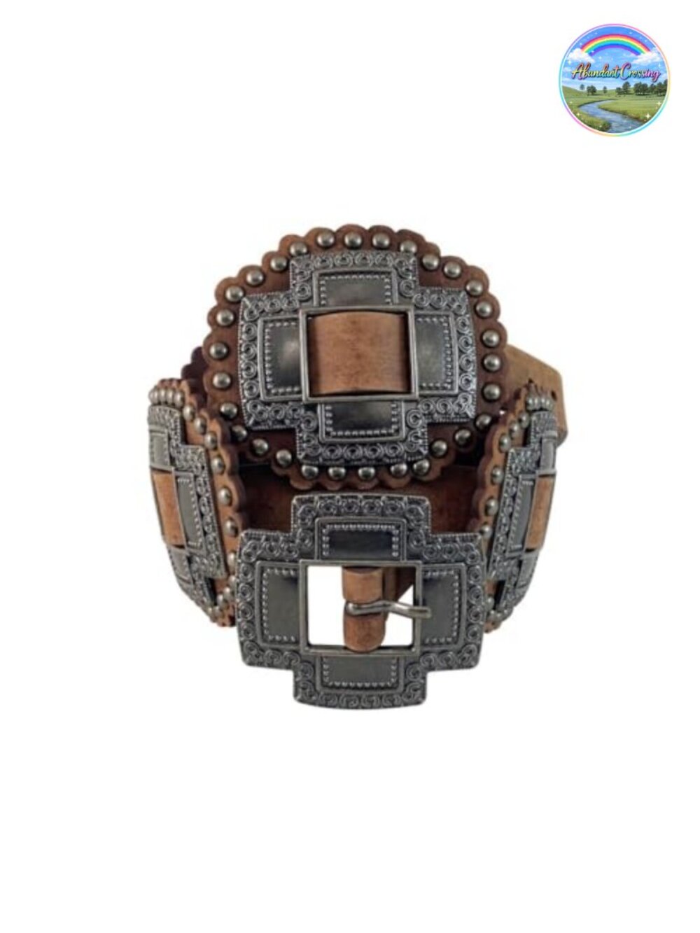 Genuine Leather Western Belt Cross Concho Silver Buckle Slide